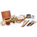 Trinkets lighters and pens, comprising a Halcoyn Days enamel travel clock, an Ultima 2 pressed