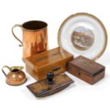 Miscellaneous treen and copper wares, to include a copper flagon, 19thC mahogany money box, a walnut