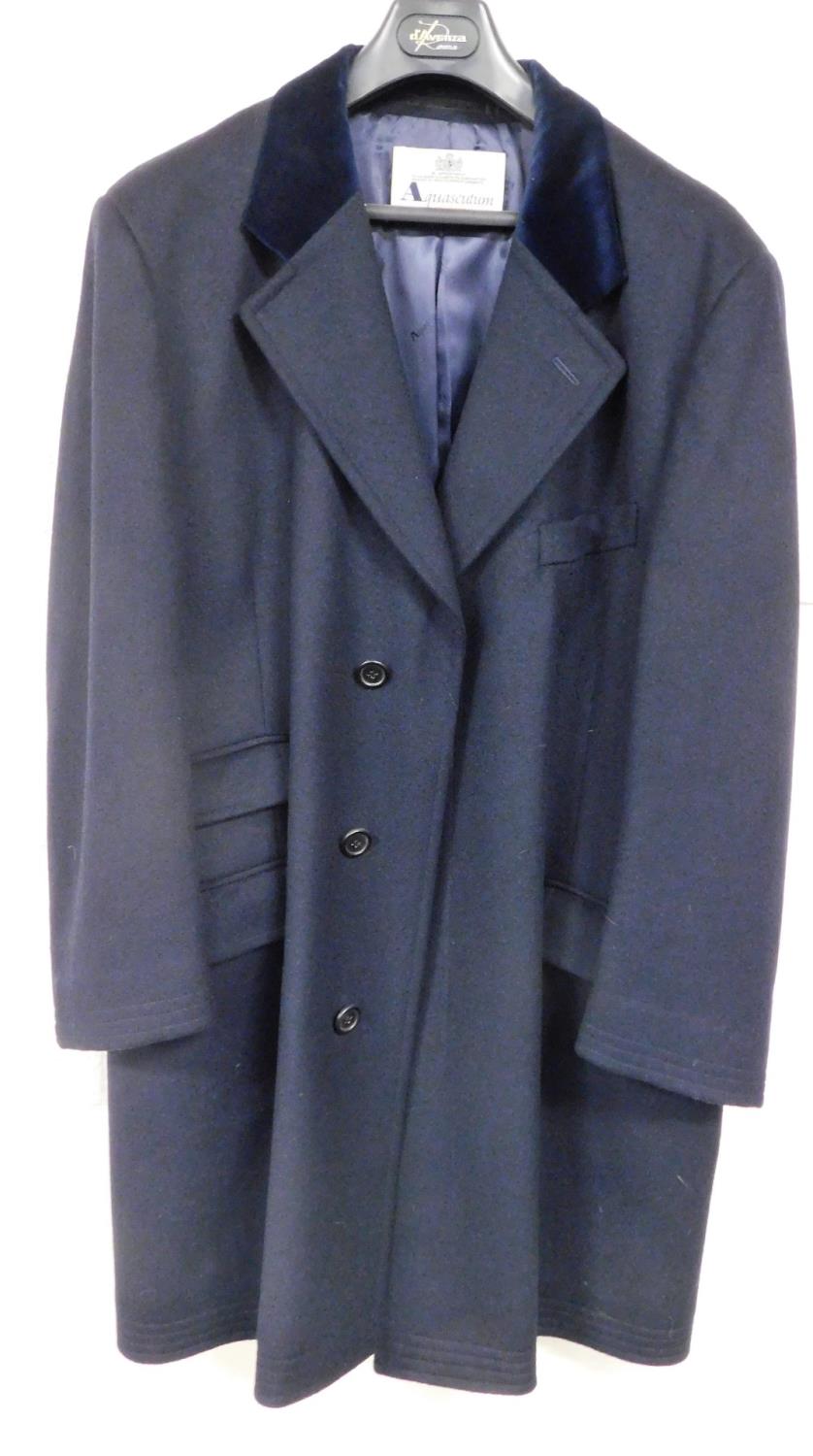 An Aquascutum of London gentleman's overcoat, the navy lambs wool woollen coat with blue velvet