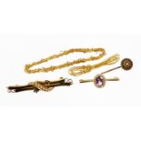A small group of gold and other jewellery, comprising a 9ct gold and amethyst set bar brooch, with