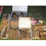 Various vintage tools, spanners, taps and dies, a tin 24cm wide, containing various drill bits,