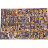 A 20thC Indian collage on material, set with various scenes of figures in colours, 81cm x 119cm.