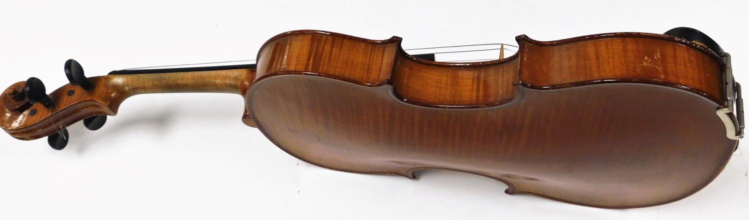 A two piece violin, with articulated knops and scroll end, with interior label marked Nicolas - Image 5 of 9