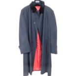 An Aquascutum of London gentleman's overcoat, the black coat with red lining and velvet collar, size