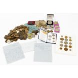 Various coins, GB low denomination, etc., a cased coin set showing Victorian penny and other low