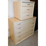 Modern finish bedroom furniture, to include a three drawer bedside cabinet and a five drawer chest
