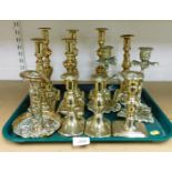 Various brass candlesticks, to include rococo style floral set. (a quantity)