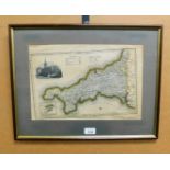 A framed map of Cornwall, tinted in colour, framed.