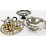 Various silver plated wares, to include a silver plated cake stand, a filigree type design silver