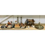 Various treen and effects, brass bellows, bone shaker, penny wall hangings, heavy horse and cart,