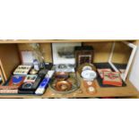 Vintage board games, Monopoly, etc., retro oak cased Smiths mantel clock, various other mantel