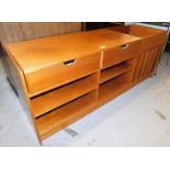 A modern teak finish TV stand or sideboard, configured with open box top, and shelf to one side, two