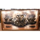 A large copper picture of elephants, framed, 88cm x 168cm.