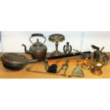 Various metalware, early 20thC brass blow torch, copper kettle, graduated pan set, circular trivet