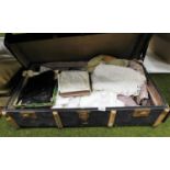A selection of Victorian linen, haberdashery, clothing, fan, etc., contained in a trunk, with wooden