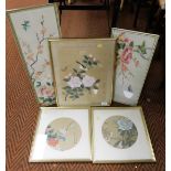 Oriental pictures and prints, to include an oriental scroll, depicting bird and flowers, a pair of