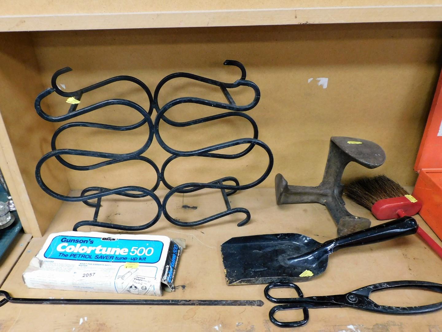 A wrought iron wine rack, various spanner and socket sets, other metal ware, tongs, etc. (1 shelf) - Image 2 of 3