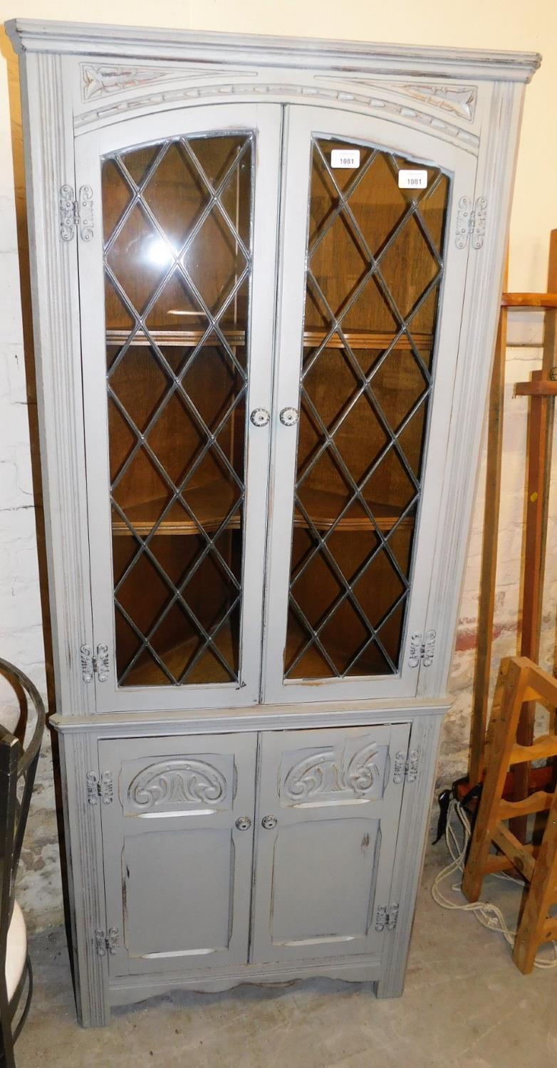 An Old Charm style grey painted corner display cabinet, with glazed top and two cupboard base, 167cm