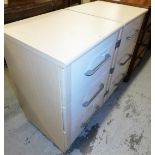 Two modern bedside drawers, with beech finish, white gloss drawer panel and a stainless steel