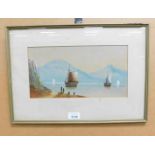 Steve Colton. Masted ships at sea, watercolour, 16cm x 30cm.