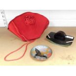 A cloisonne type pin dish, depicting a bird, a red evening purse, and a wooden blotter. (3)