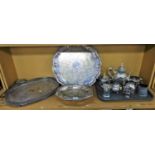 Various silver plated ware, swing handle basket with part pierced body, gallery edged tray, large