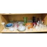 Various glassware, crackle glass, lead crystal, carnival glass bowl, hand bell, etc. (1 shelf)