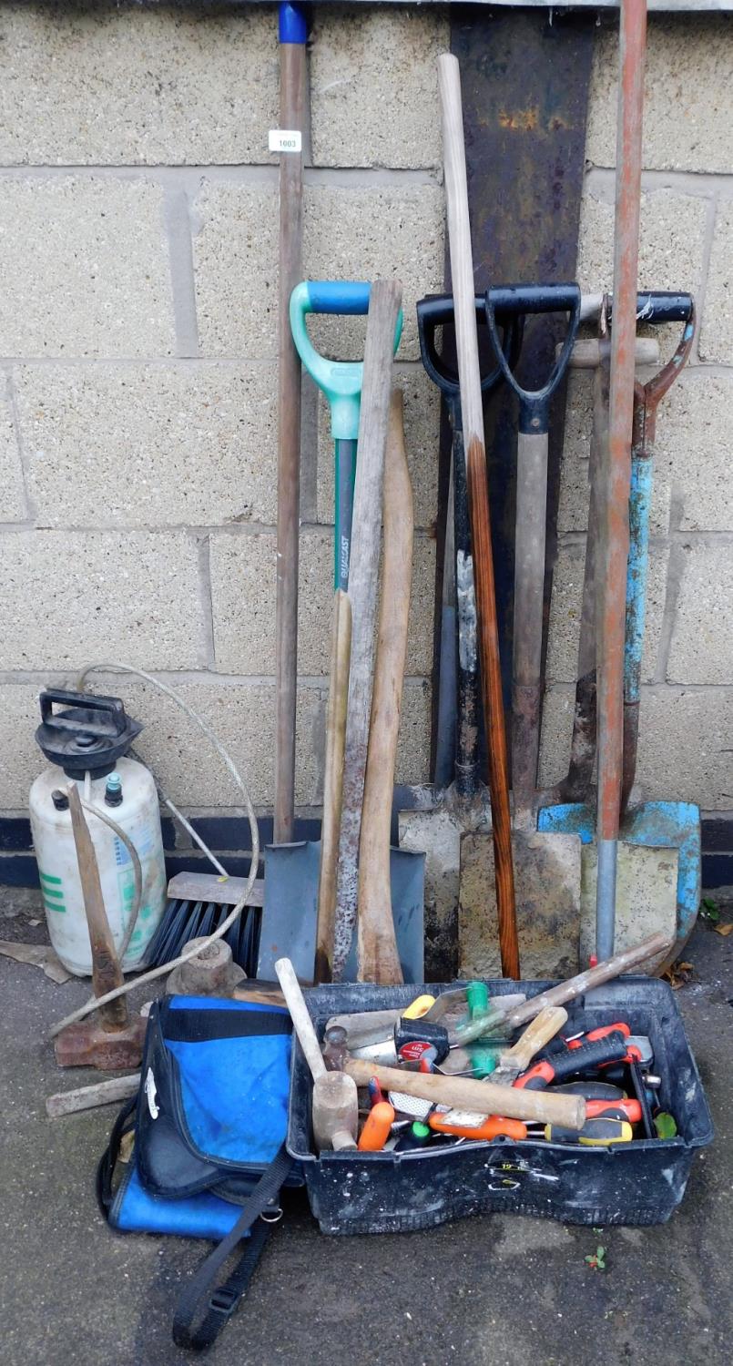 Various garden and other tools, to include spades, sledge hammers, chisels, screwdrivers, tape