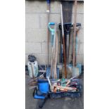 Various garden and other tools, to include spades, sledge hammers, chisels, screwdrivers, tape