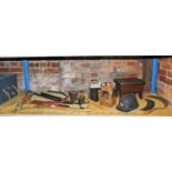 Various tools and mining equipment, to include pick axe, Oldham Shunters lamp, carriage lamp, mining