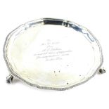 A George VI Mappin and Webb silver card tray or waiter, with a gadrooned and moulded, engraved