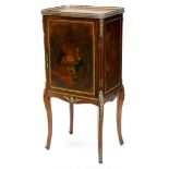 A late 19th/early 20thC French mahogany music cabinet, with a raised pierced gallery above a