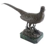 B.C. Zheng. Pheasant, bronze, on a green marble base, 22cm long.