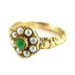 A Victorian memorial type ring, with cluster centre set with seed pearl and jade, with open back,