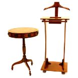 A walnut gentleman's valet stand, on shaped end supports and a reproduction drum table with