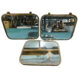 A set of three heavy brass framed ships windows, converted to wall mirrors with some fixings, 50cm x