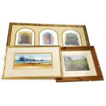 David Morris. River landscape, watercolour, 16cm x 32cm, a set of three prints, each of doorways,