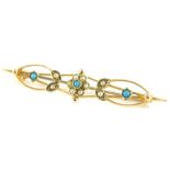 A Victorian bar brooch, set with seed pearl and turquoise, on a yellow metal frame, marked C&W