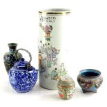 An oriental cloisonne vase, decorated with flowers, a small bowl, a Chinese Canton porcelain box and