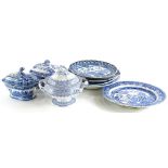 A collection of 19thC and later blue printed pottery, to include three tureens and covers, a