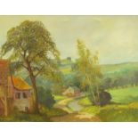 •Toon Verplak (1901-1966). Country lane with cottages, oil on canvas, signed, 59cm x 78cm.
