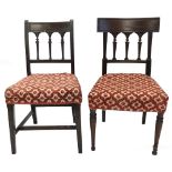 A pair of 19thC mahogany dining chairs, each with a rectangular back with arched shaped supports,
