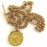 A George V full gold sovereign and 9ct gold watch chain, the sovereign dated 1913 in 9ct gold
