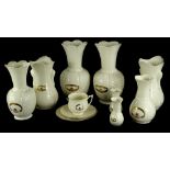 A collection of Donegal Belleek Connemara Cladd vases, various sizes, (7), and four further items of