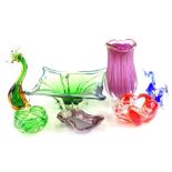 A collection of art glass, to include a Palesa Murano horse, a blue and green dish, etc.