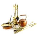 A quantity of metalware, to include a Victorian copper kettle, a copper pan with turned wooden