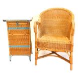 A woven rattan armchair, with bentwood arms, etc., and an Art Deco woven rattan occasional table/