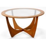 A G-plan teak circular coffee table, with a smoke glass insert on X shaped supports, 84cm diameter.