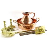 Miscellaneous brass, to include a two handled pan, flagon, a pair of candlesticks, chestnut roaster,