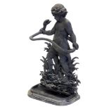 A Coalbrookdale style umbrella stand, cast in the form of a putto holding a serpent, with bow